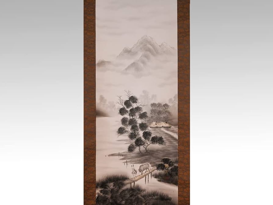 値下げ、NO2彩色夏景 掛軸山水図 紫峰作絹本肉筆【極上品】共箱