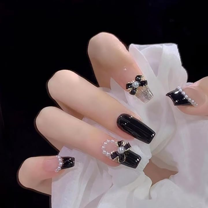 お急ぎ便A♥ ネイルチップ 量産型 ツイードネイル フレンチ 黒ネイル