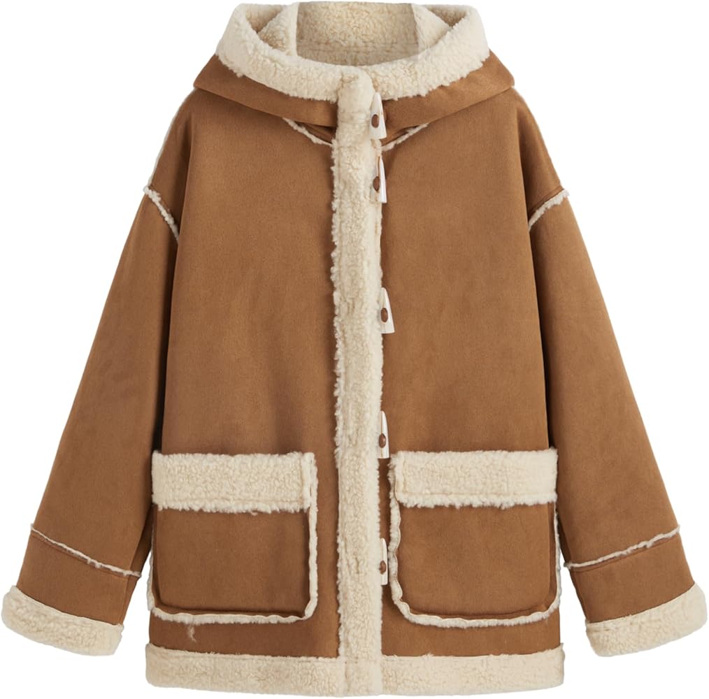 CIDER Faux Shearling Hooded Pocket Duffle Jacket: Brown, M at