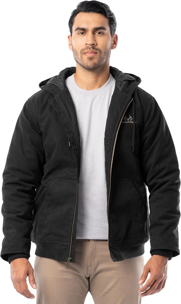 Realtree Men's Insulated Duck Quilted Lined Full Zip Hoodie, Black
