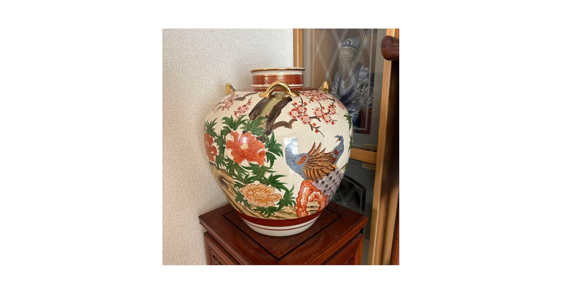薩摩焼 花瓶 花入 飾壺 花器 骨董品 四季折々の模様 花台付き 薩摩焼
