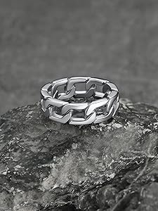 U7 Stainless Steel Mens Rings,Classic Silver Rings Cuban Link