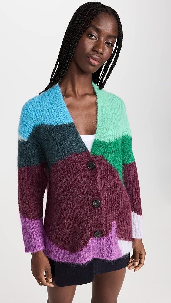 Vince Womens Intarsia Wave Cardigan, Plum Night Combo, Medium