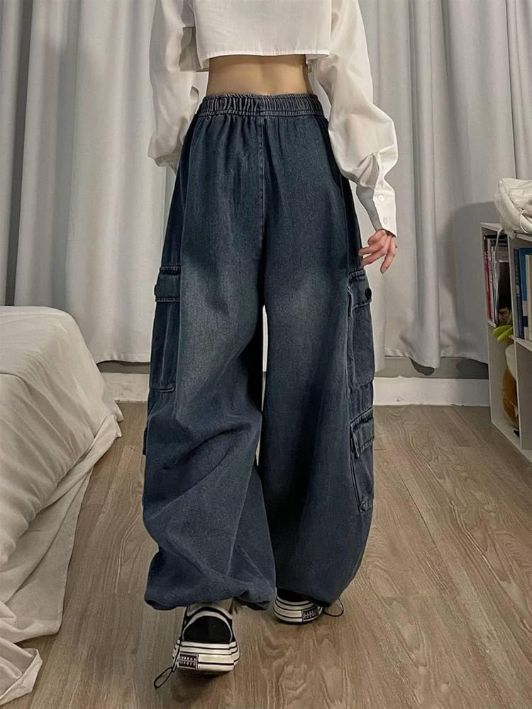 Flixxo Womens Baggy Cargo Pants Y2K Parachute Pants Wide Leg Jeans