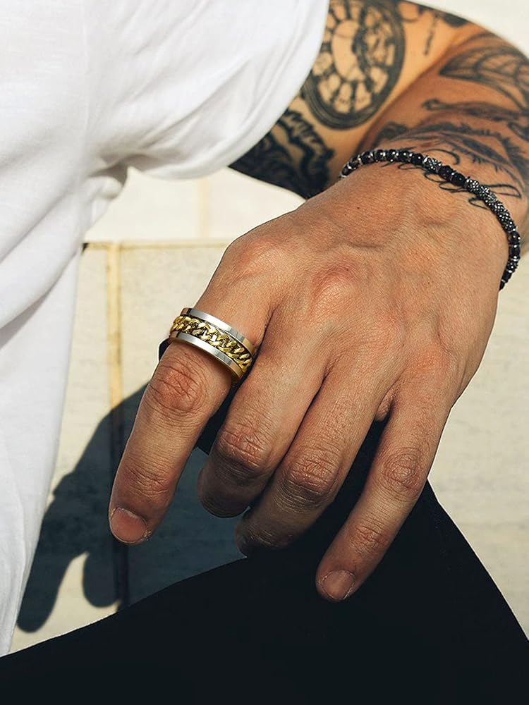 Spinner Ring Men, Women Vintage Gold Chain Male Biker Rings