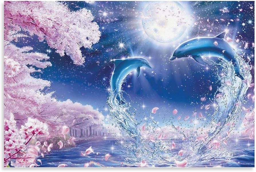 Amazon.co.jp: イルカ、桜、月明かり、絵画 インテリア アートポスター