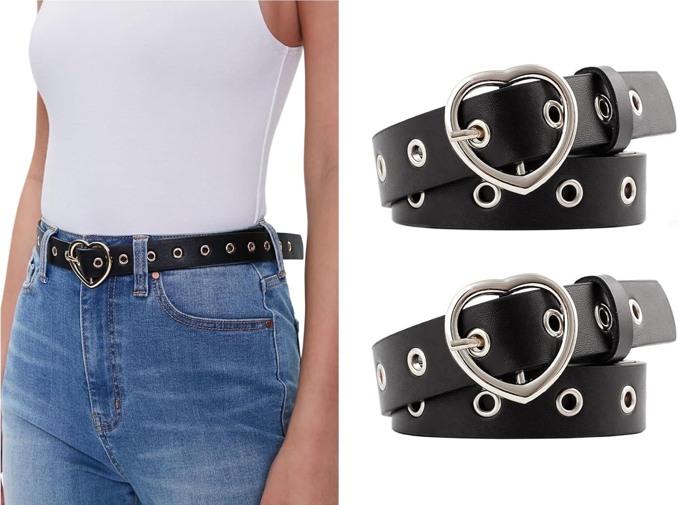 BSJIA 2 Pack Heart Buckle Belt for Women Fashion,Grommet Leather