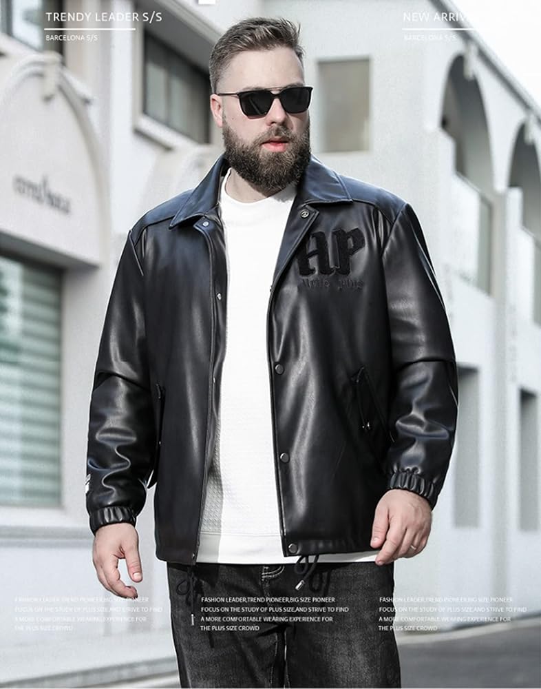 LCHYG Mens LAPE Collar PU Leather Jacket Business Casual Fat Plus