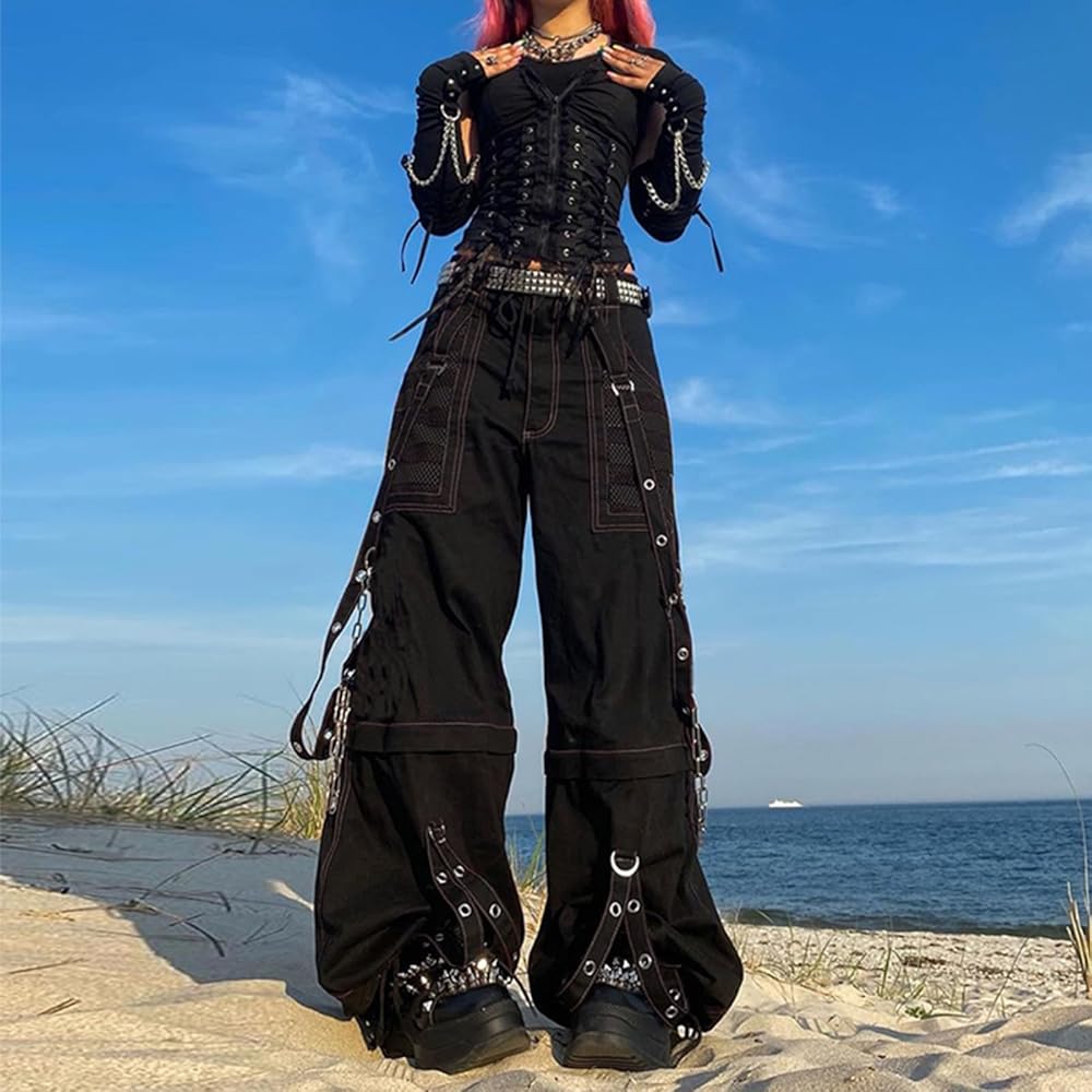 Pivanzore Womens Gothic Punk Cargo Pants Low Waisted Y2K Wide Leg