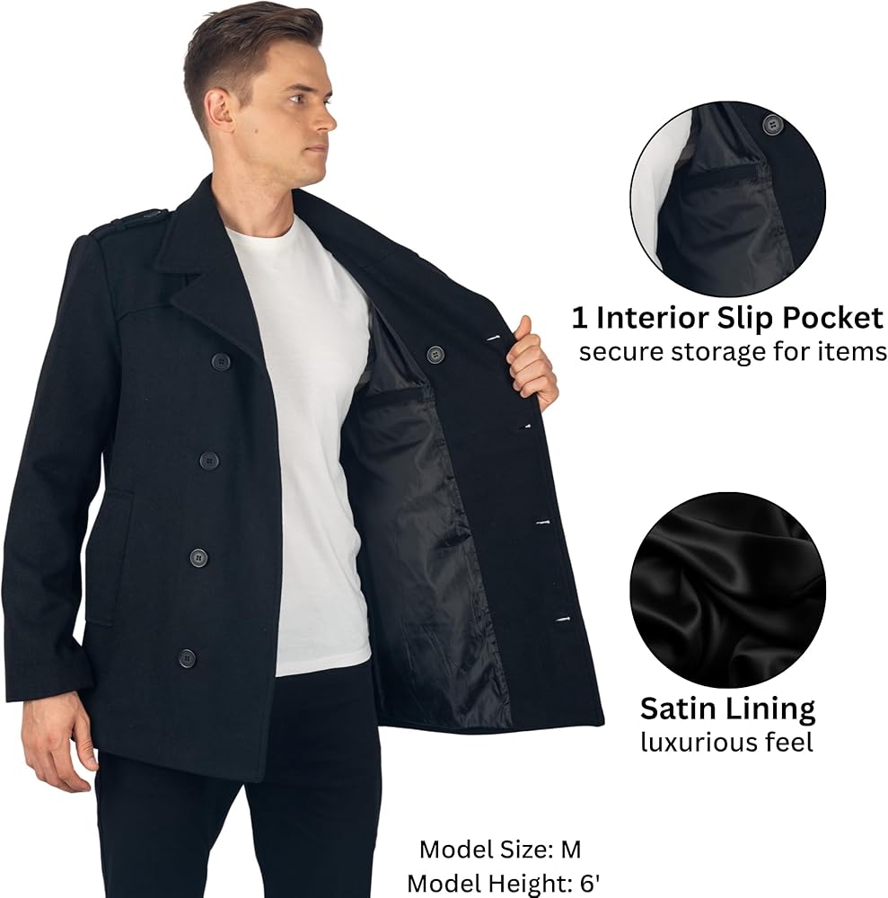 Alpine Swiss Jake Mens Wool Pea Coat Double Breasted Jacket Black