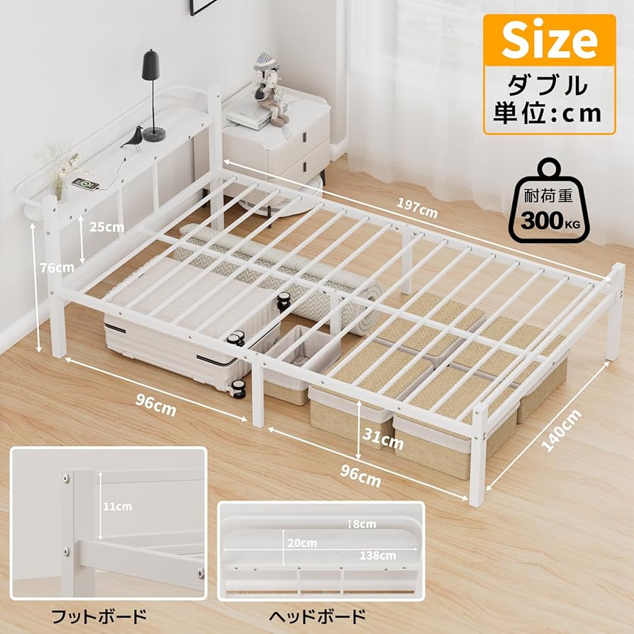 Amazon｜[SuperKois] ベッドフレーム ダブル ベッド 宮棚 2口