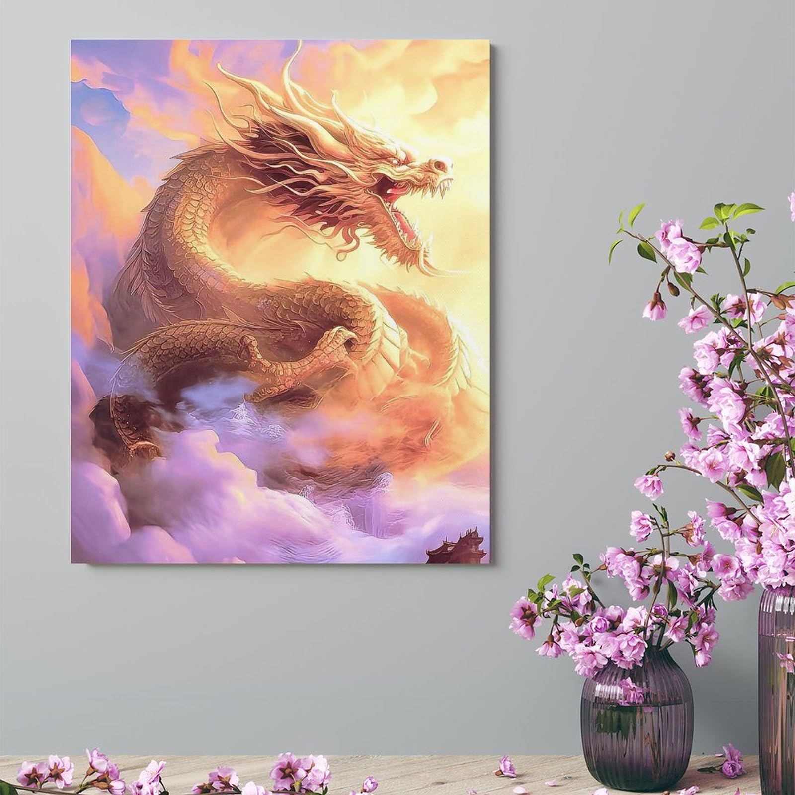 Amazon.co.jp: 絵画 雲の中の龍インテリア 絵画 超リアルな油絵 黄金