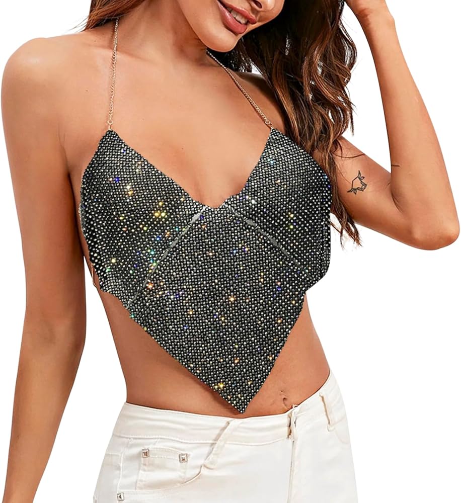 Sexy Halter Neck Rhinestone Crop Top for Women Deep V Adjustable