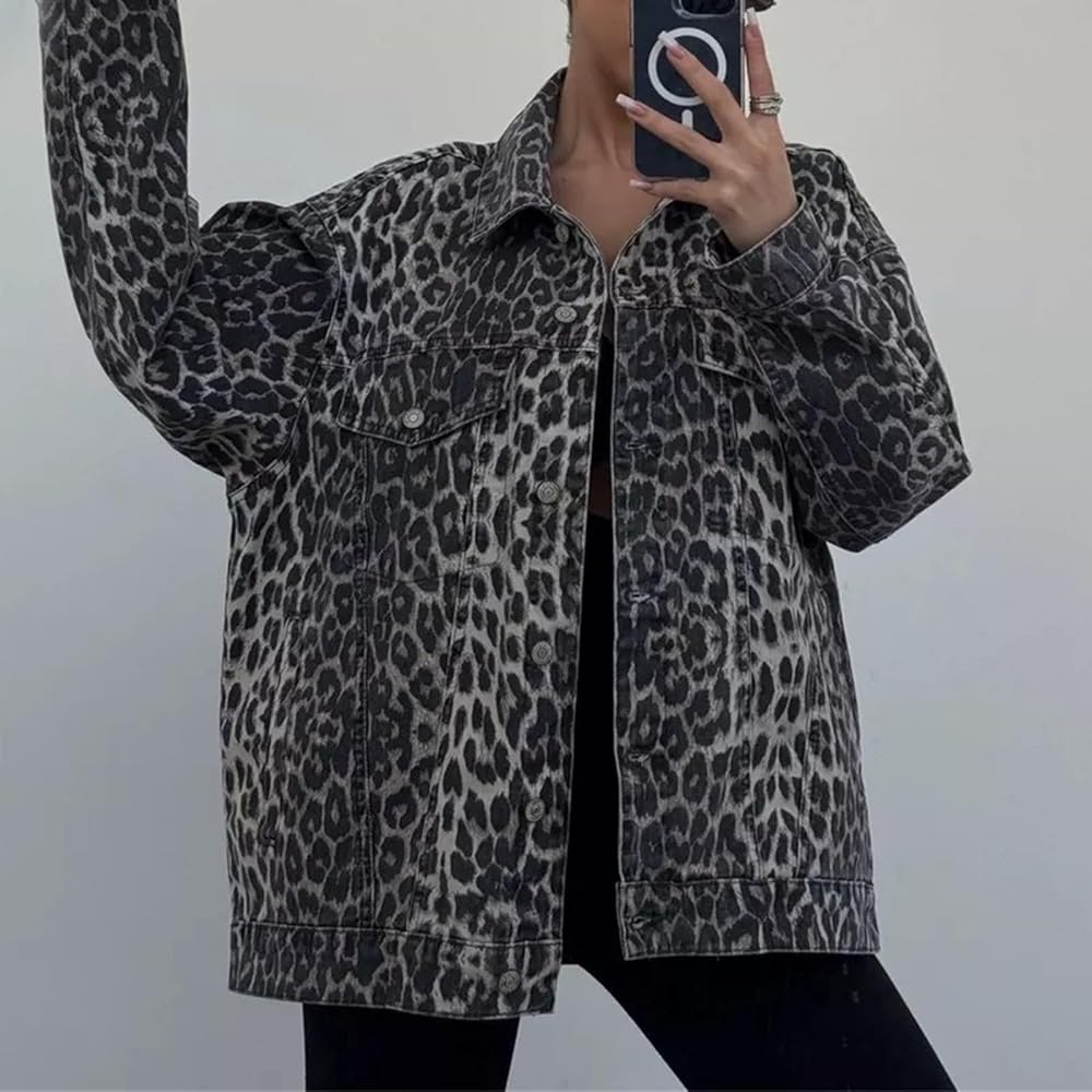 Hesaco Leopard Denim Jacket for Women - Y2k Cheetah Print, Vintage