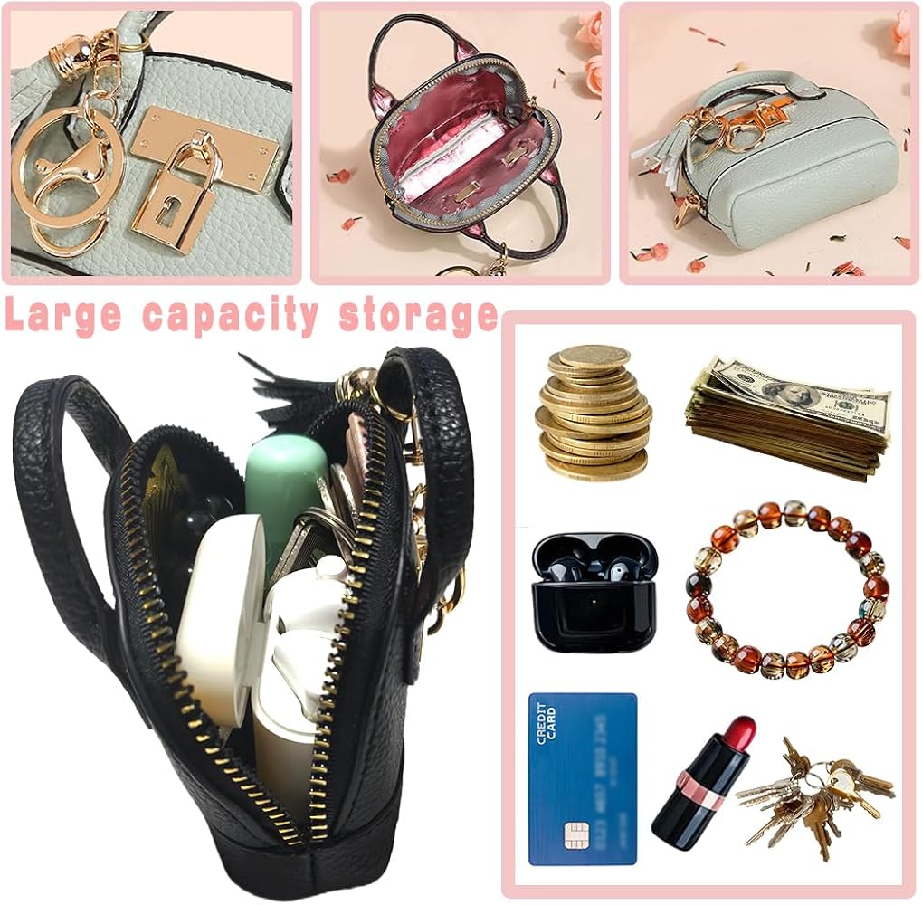 QeenRTUU Mini Tote Bag Keychain Coin Purse Pu Leather Key Chain