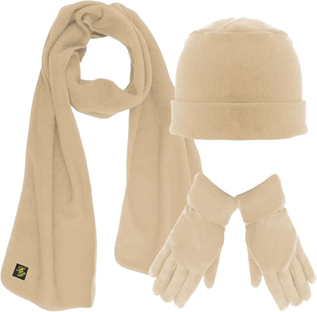 Black 3 Piece Fleece Hat Scarf & Glove Matching Set Beige at