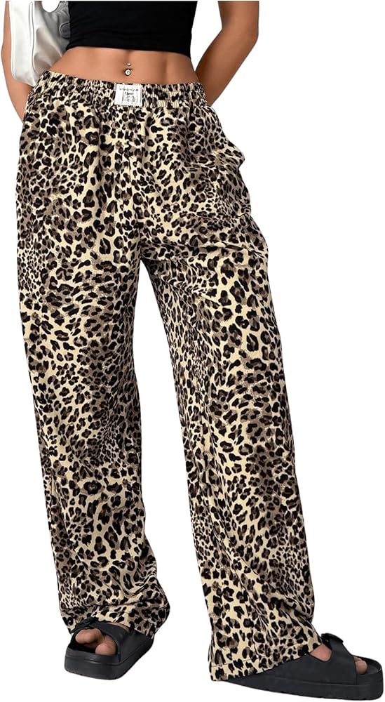 RoseSeek Women's Letter Leopard Print Straight Leg Pants Elastic