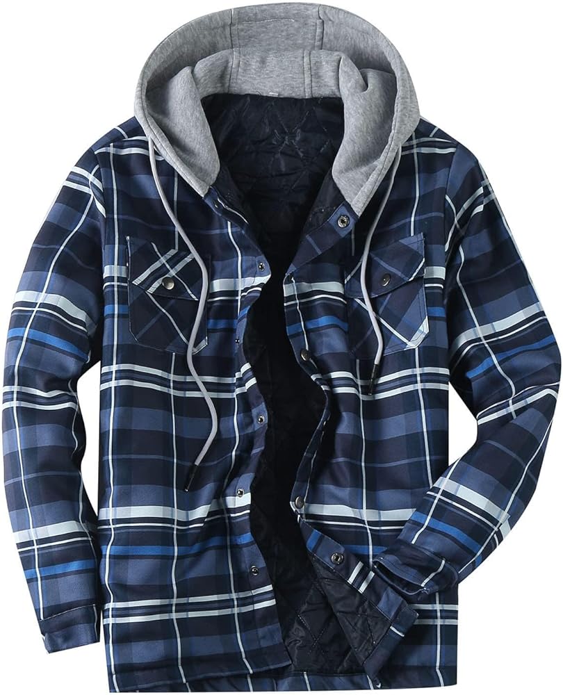 Men's Hooded Shirt Jacket Thick Plaid Flannel Shirts Quilted Lined