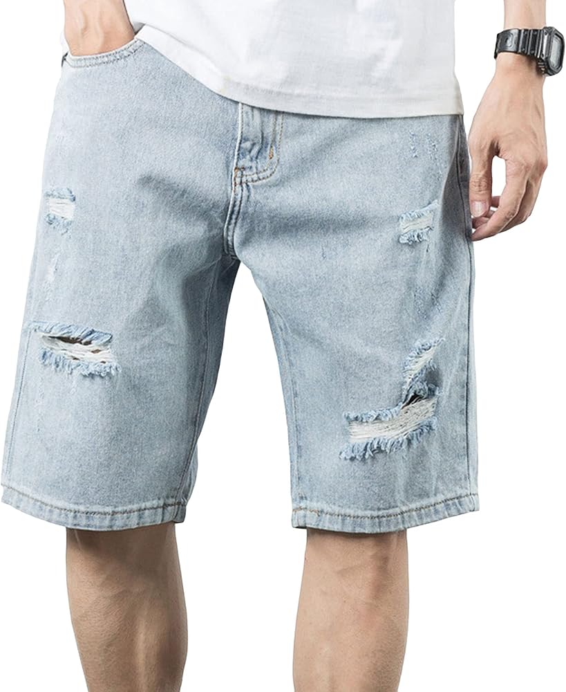 JEsilunmaMY Men's Ripped Straight Denim Shorts Relaxed Fit Hip Hop
