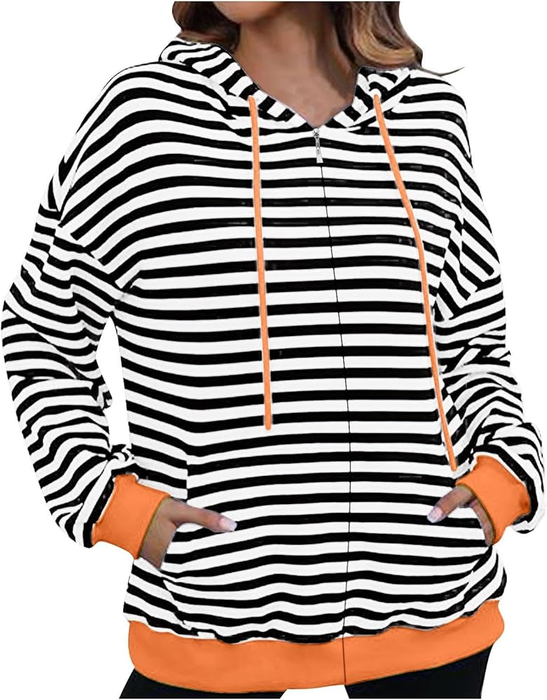 Amazon.com: Women's Casual Striped Color Block Hooded Top Zip Up