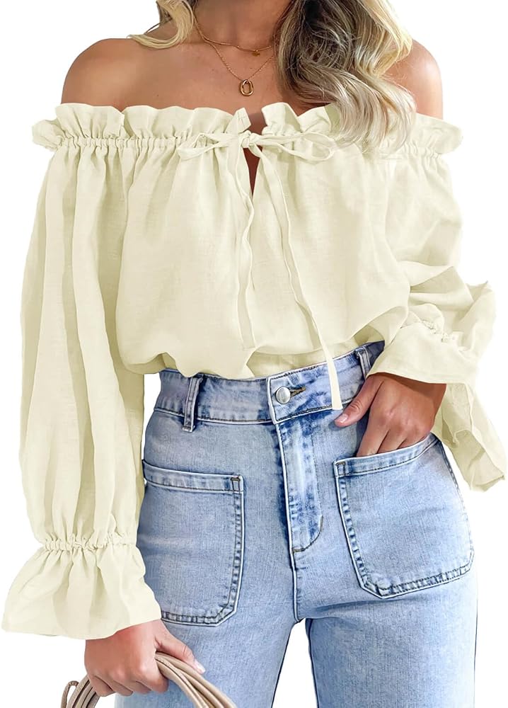 Imily Bela Womens Off The Shoulder Tops Puff Long Sleeve Tie Front