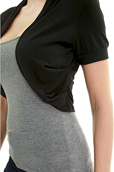AmélieBoutik Women Pleated Sides Short Sleeve Bolero Shrug (Black