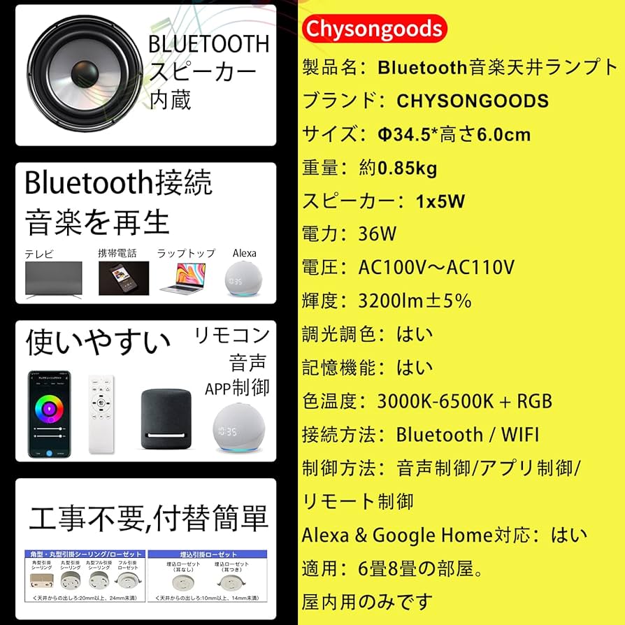 Amazon.co.jp : CHYSONGOODS LED シーリングライト 6畳 3200lm Alexa