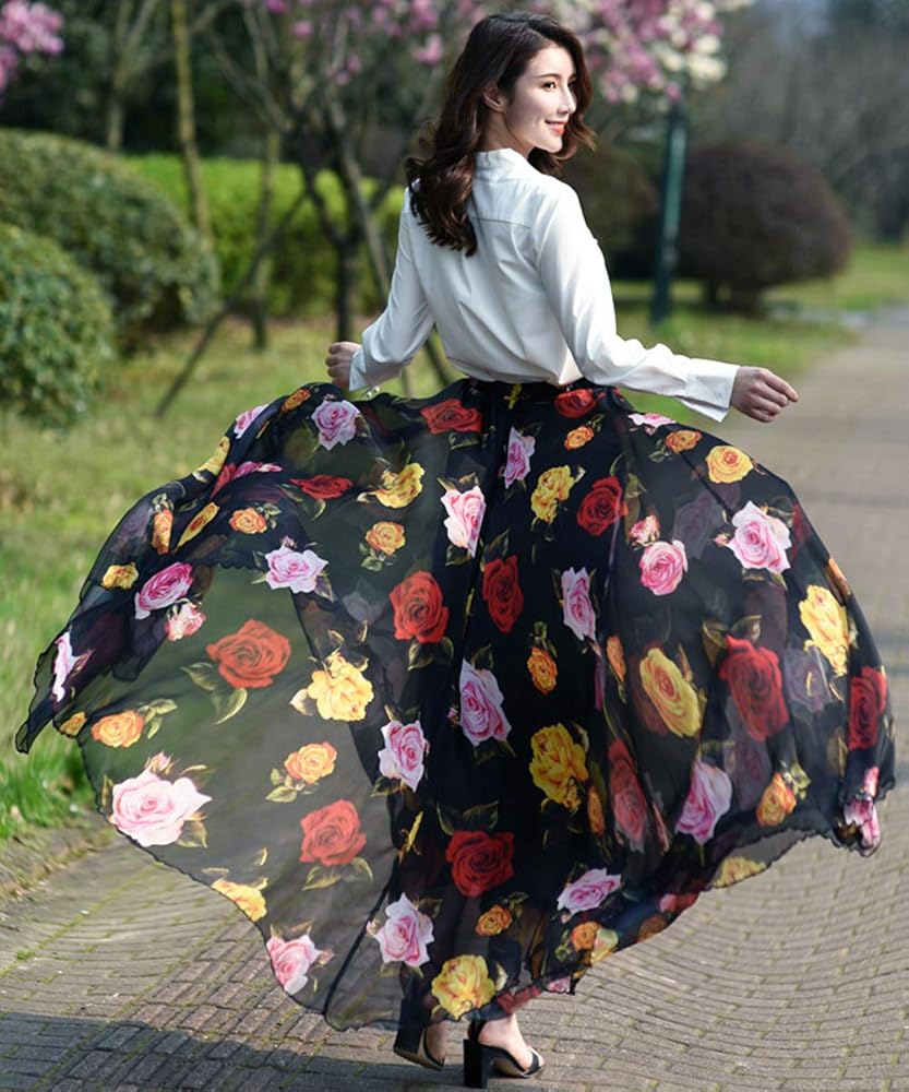 Medeshe Women's Chiffon Floral Print Elasticated Waist Long Maxi