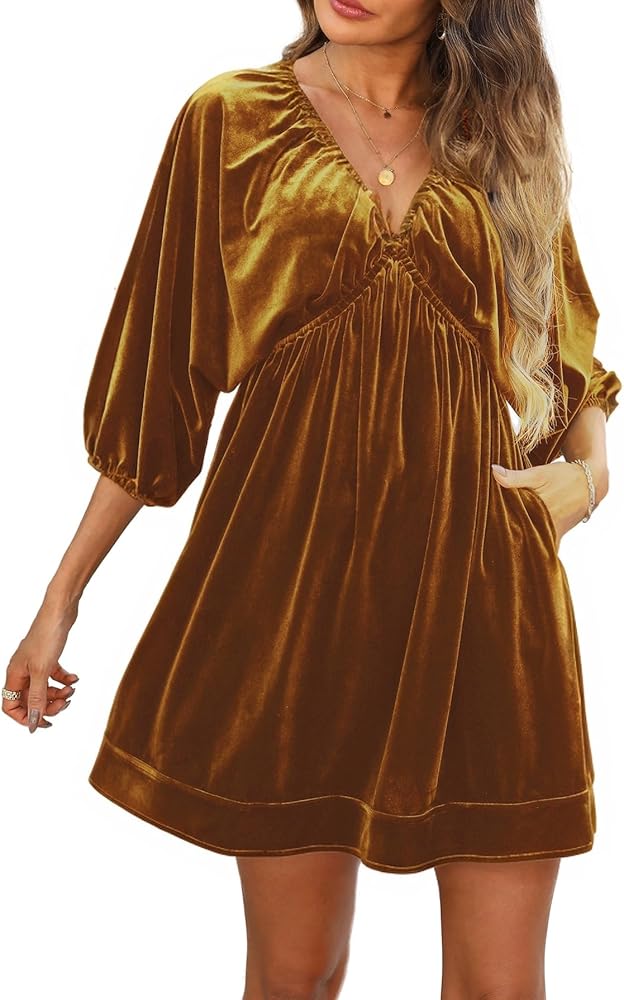 Amazon.com: Ladyful Womens V Neck Velvet Dress 3/4 Sleeve Velour