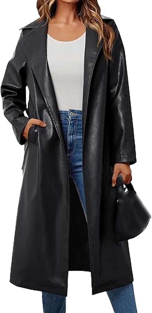 SEMATOMALA Women's Black Faux Leather Long Coat PU Leather Notched