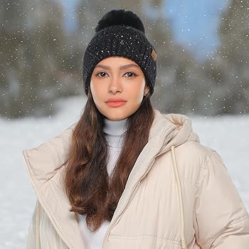 C.C Sequin Pom Beanie for Women - Angora Stretchable Soft Warm