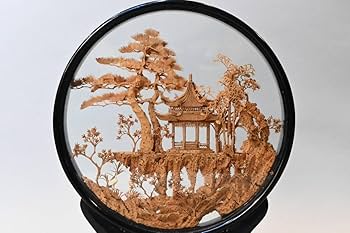 Amazon.co.jp: 中国美術コルク細工細密彫刻楼閣山水松鶴置物ガラス