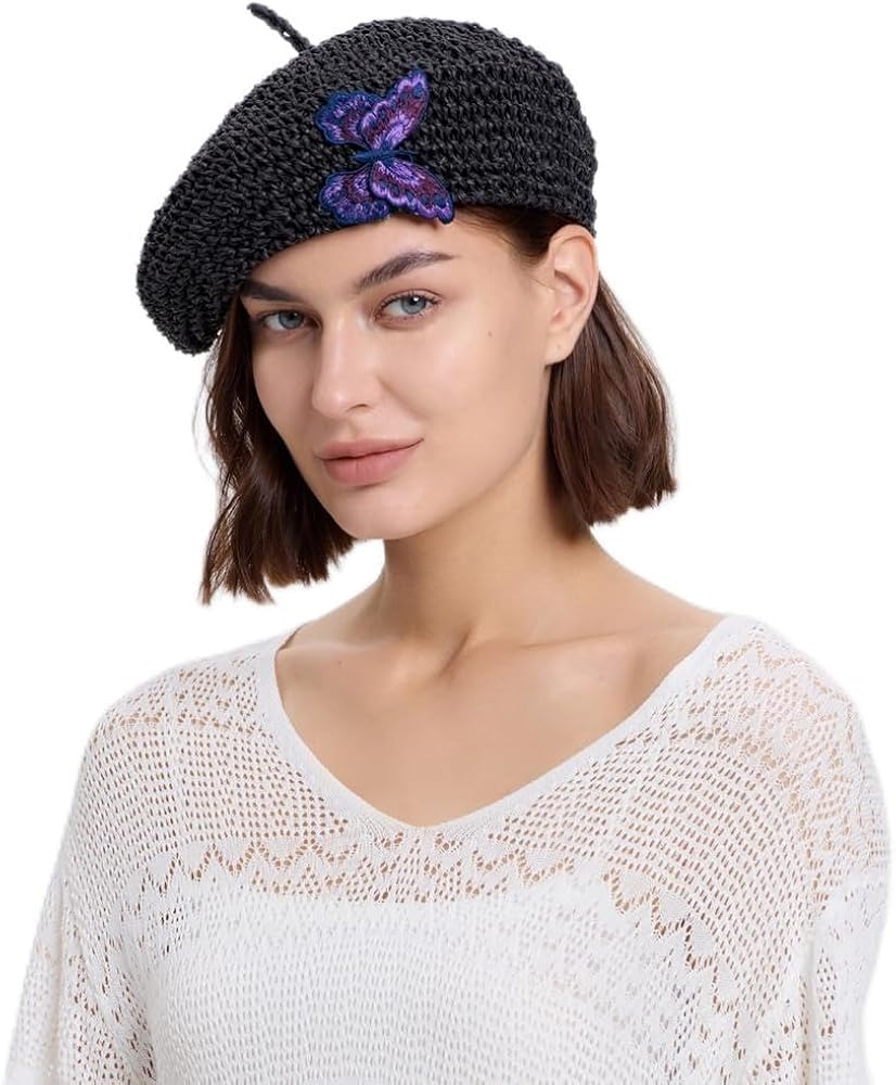 JH JOEJERRY Straw Crochet Flower Beret Hat French Beret Cap for