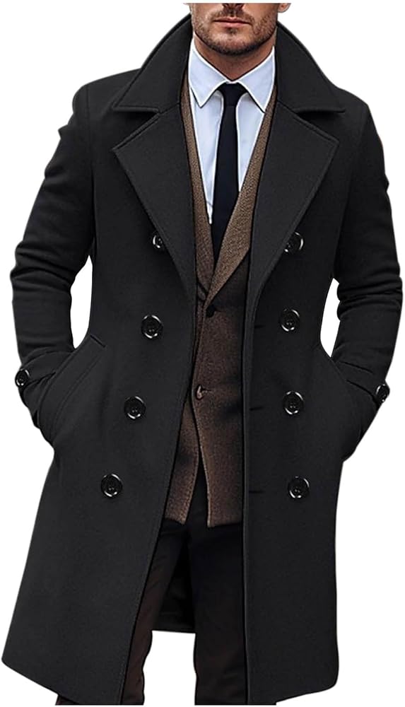 Dgoopd Men's Wool Blend Trench Coat Notch Lapel Jacket Open Front