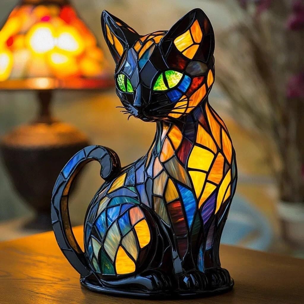 Amazon.co.jp : 猫ランプ、ステンドグラスの卓上ナイトライト、LED猫