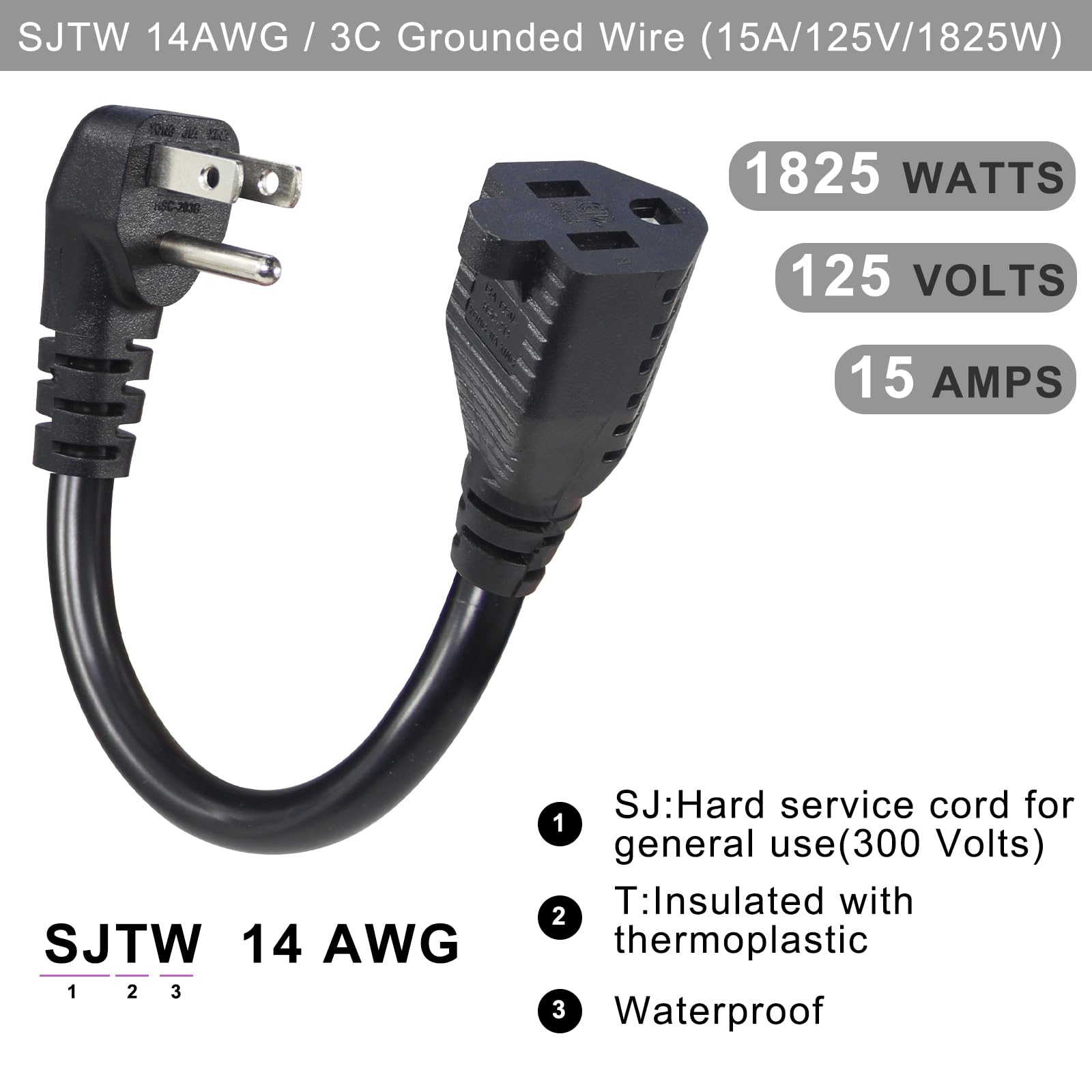 KUNCAN Short Power Extension Cord - Low Profile Wall Head 6 Inch