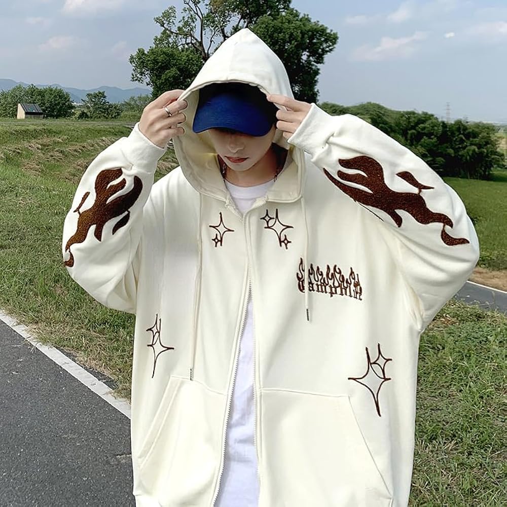 Flixxo Y2K Zip Up Hoodie Men Trendy Cross Oversized Graphic