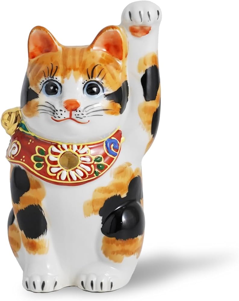 Amazon.co.jp: ふくべ屋 九谷焼 招き猫 左手挙げ 三毛猫 人を招く置物