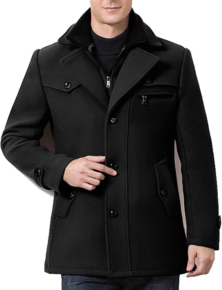 Mens Classic Pea Coat Notched Collar Double Breasted Slim Fit