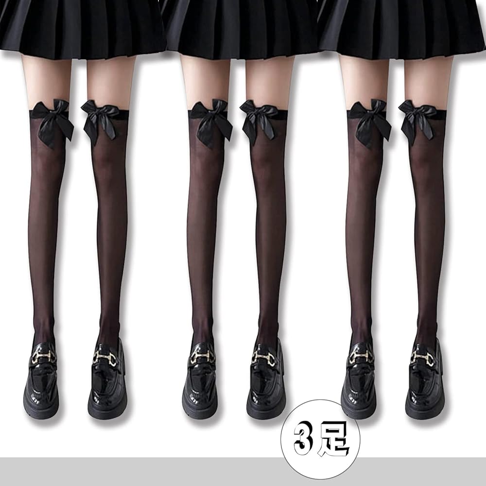 Amazon | M＆YFASHION リボンブラックストッキング//レース黒