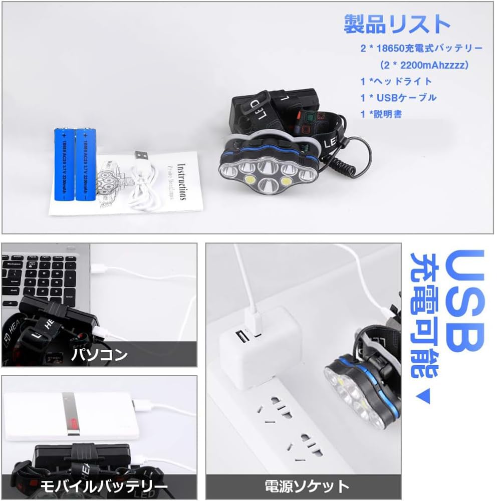 Amazon.co.jp: Miotsukus ヘッドライト 8LEDヘッドランプ usb充電式