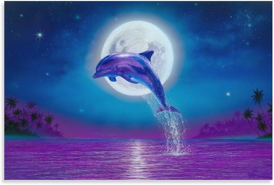 Amazon.co.jp: 絵画 満月の下で海から飛び出すイルカインテリア 絵画