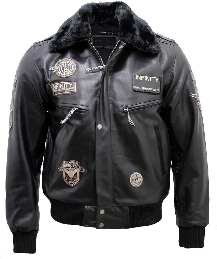 Infinity Men's Black Cow Hide Leather Flight Bomber Jacket with
