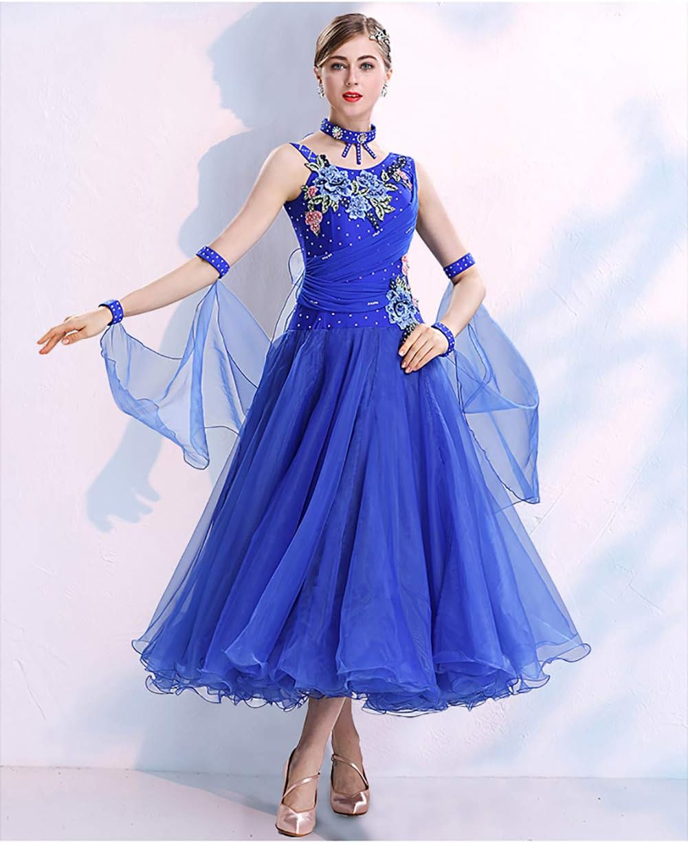 青い長袖ビジュー付きダンスドレス 社交ダンス衣装】ブルー ワンピース