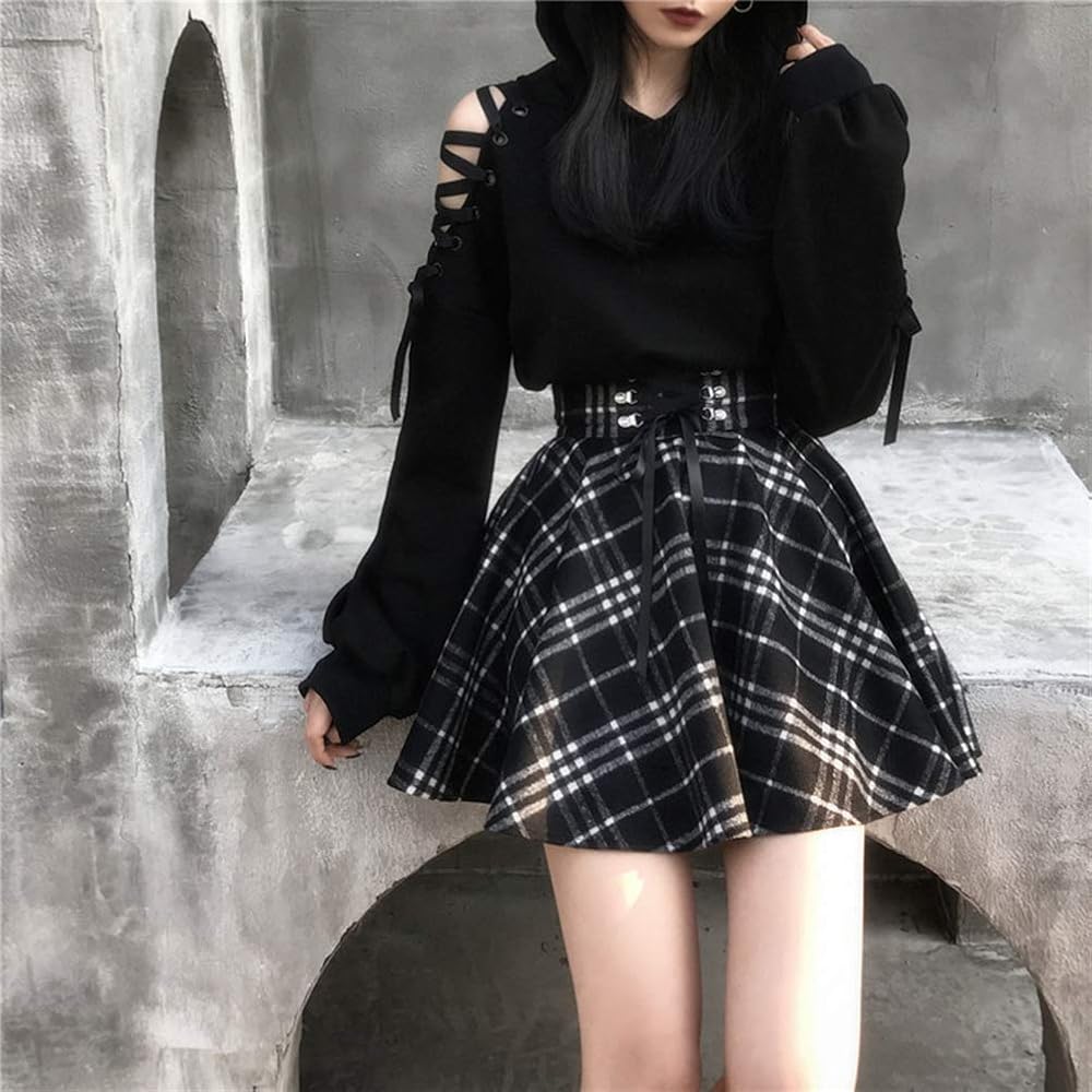 Amazon.com: Women Girls Plaid Skirts High Waist A-Line Belt Lace
