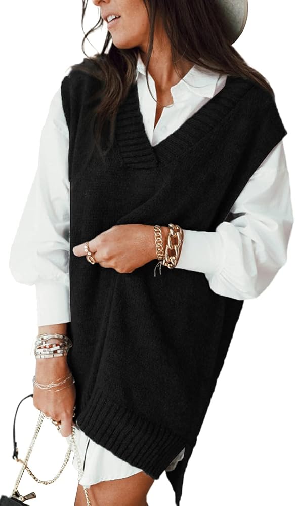 Women Cable Knit Oversized Sweater Vest V Neck Solid Split Side