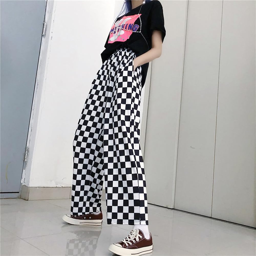 Amazon | Hongma ロングパンツ レディース 白黒 チェック柄 ワイド