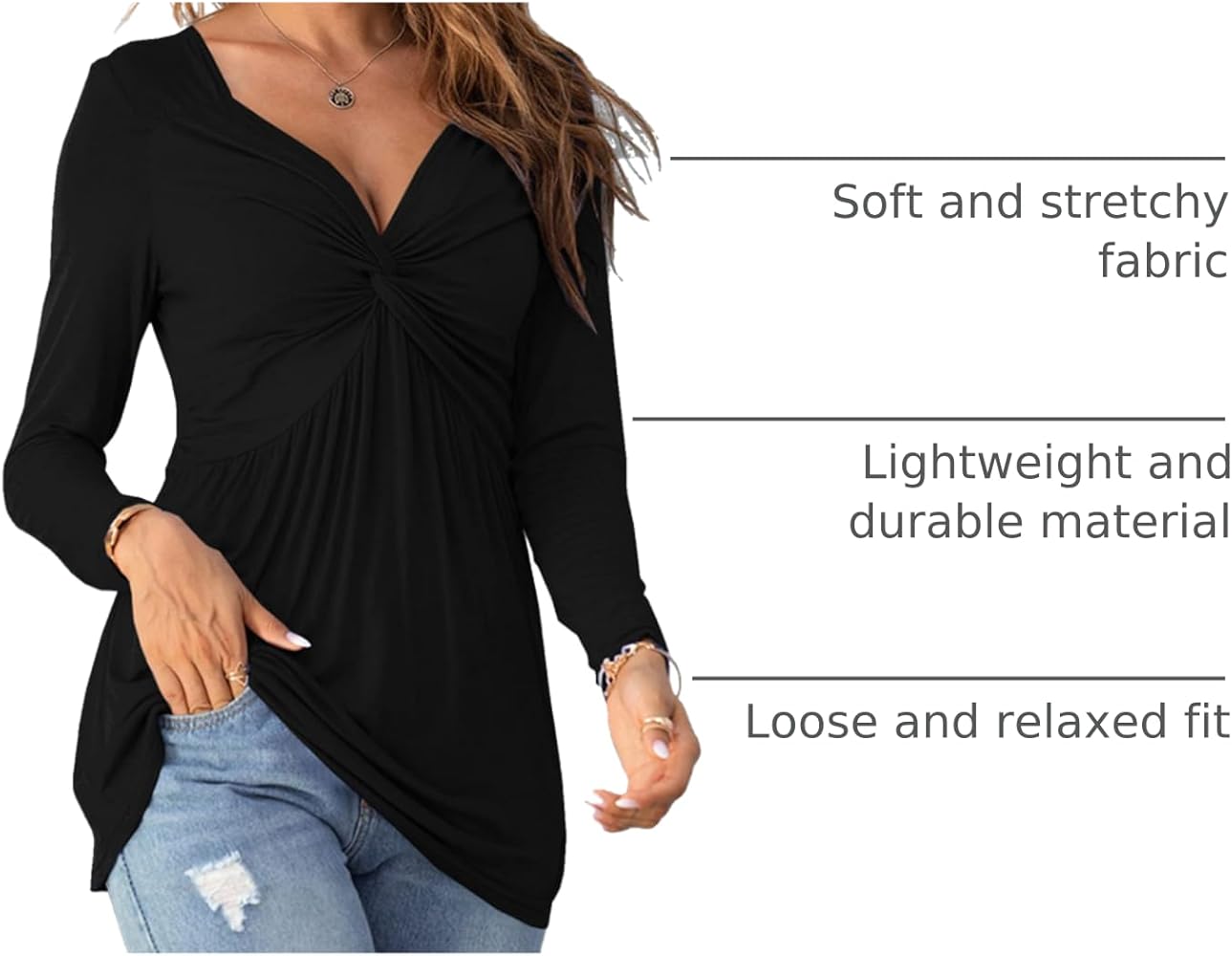 Tankaneo Womens V-Neck Front Knotted Blouse Shirt Long Sleeve