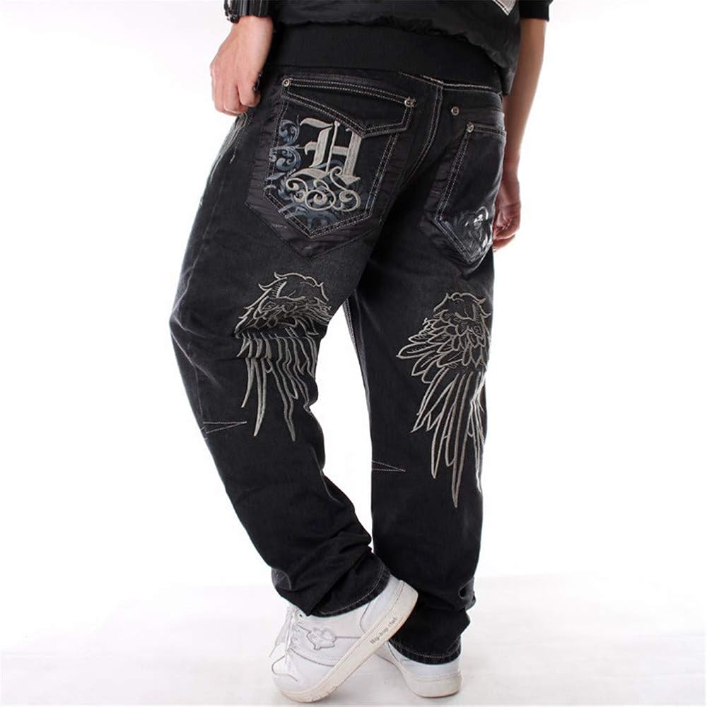 QBO Men's Vintage Hip Hop Wings Embroidery Baggy Loose Fit Jeans