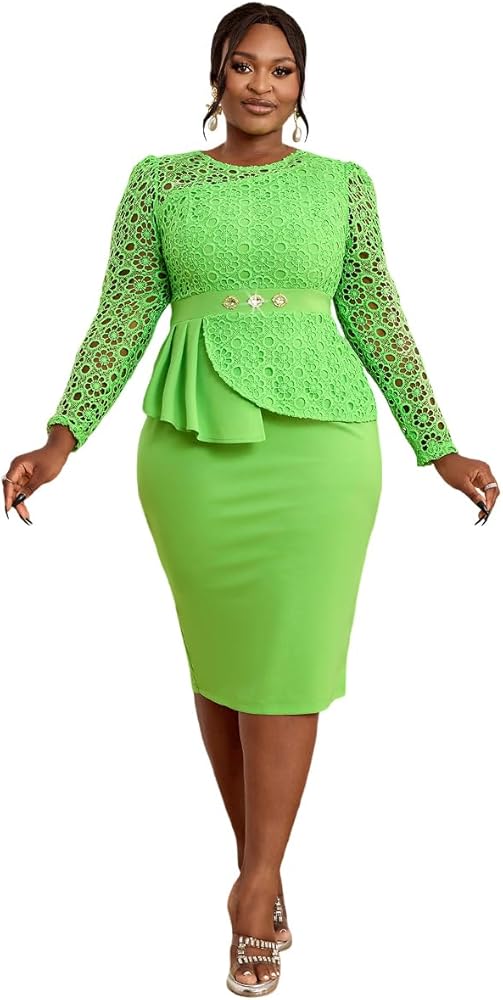 AOMEI Womens Lace Patchwork Hollow Out Flower Peplum Work Midi